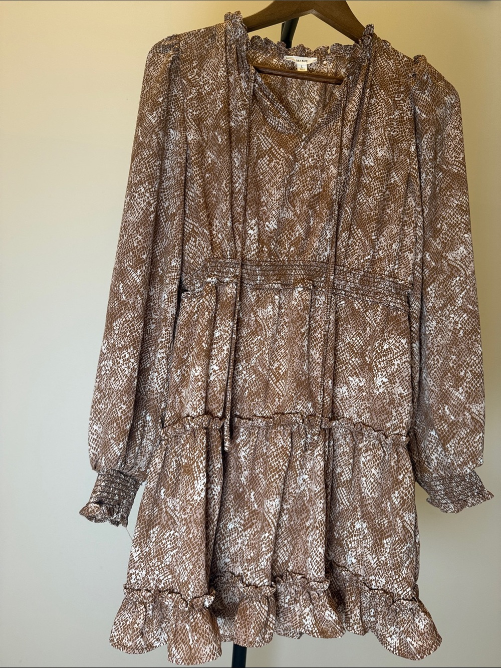 MINE Brown & Cream Snakeskin Ruffle Tier Mini Dress | Size L - Picture 5 of 14